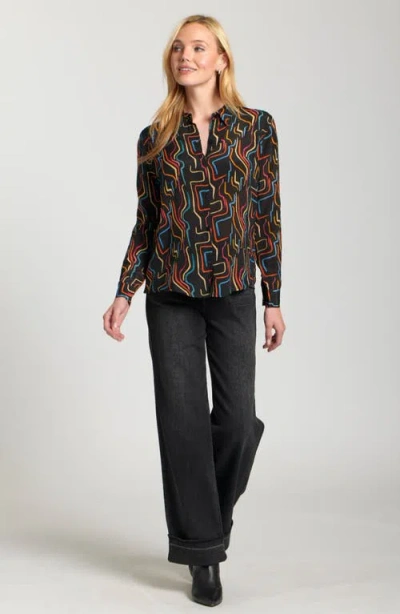 Apny Abstract Print Roll Tab Sleeve Chiffon Button-up Shirt In Black
