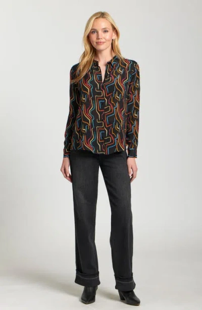 Apny Abstract Print Roll Tab Sleeve Chiffon Button-up Shirt In Black