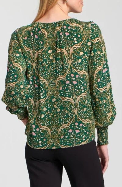 Apny Printed Smocked Cuff Top In Green