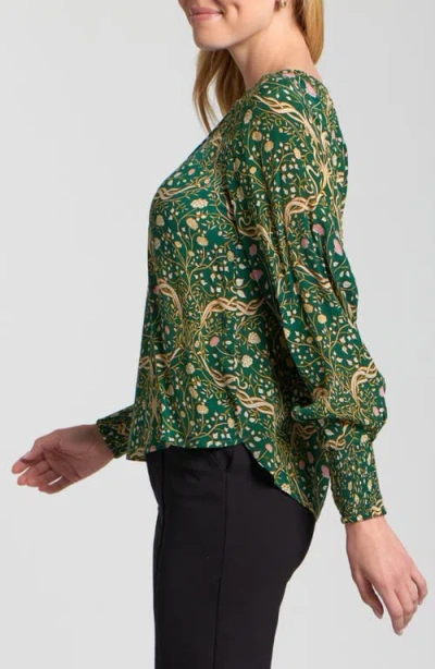 Apny Printed Smocked Cuff Top In Green