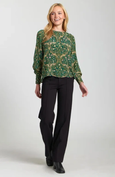 Apny Printed Smocked Cuff Top In Green