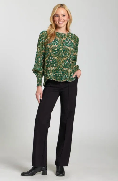 Apny Printed Smocked Cuff Top In Green