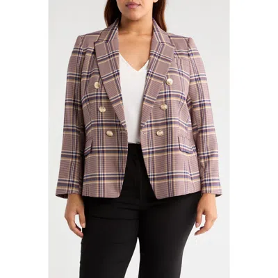 Tahari Asl Plus Size Plaid Print Double-breasted Jacket In Pink