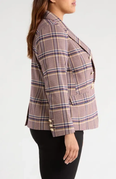 Tahari Asl Plus Size Plaid Print Double-breasted Jacket In Pink