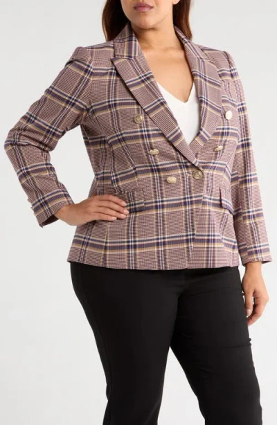 Tahari Asl Plus Size Plaid Print Double-breasted Jacket In Pink