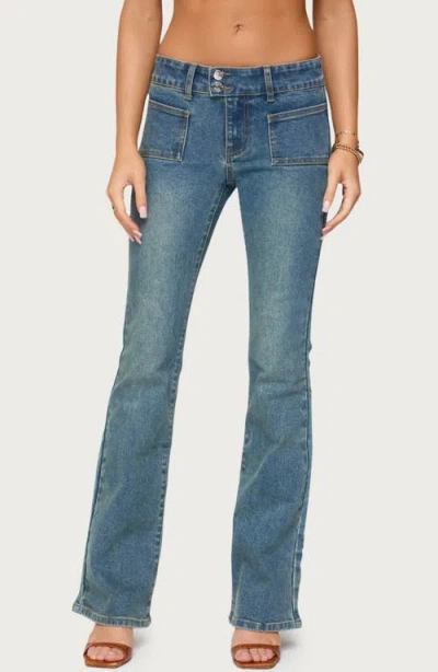 Edikted Mattea Patch Pocket Low Rise Flare Jeans In Blue