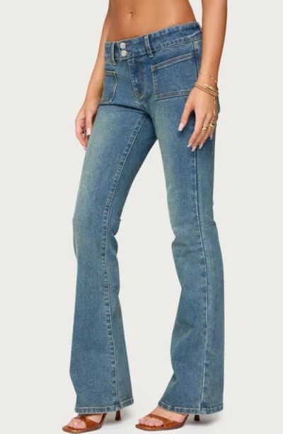 Edikted Mattea Patch Pocket Low Rise Flare Jeans In Blue