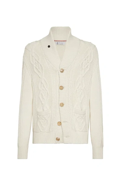 Brunello Cucinelli Cashmere Cardigan With Cable Knit Design In Neutral