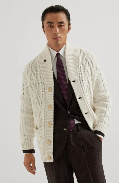 Brunello Cucinelli Cashmere Cardigan With Cable Knit Design In Neutral