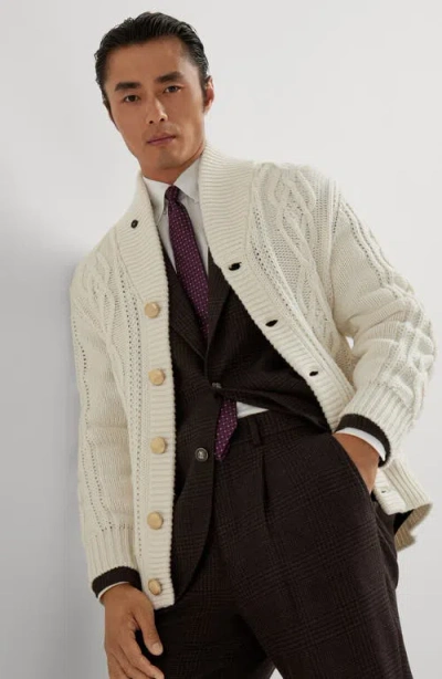 Brunello Cucinelli Cashmere Cardigan With Cable Knit Design In Neutral
