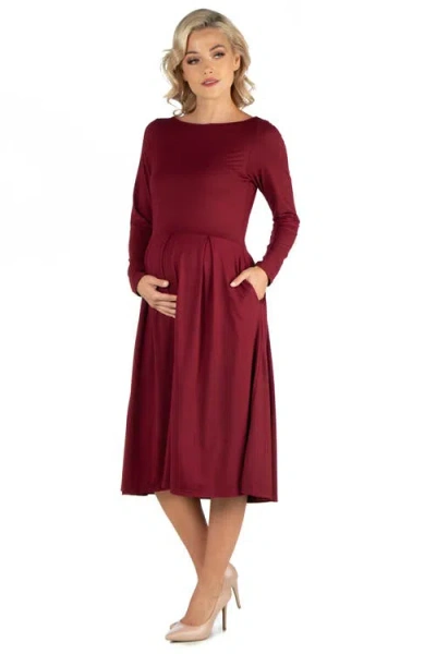 24seven Comfort Apparel Women's Midi Length Fit And Flare Dress In Burgundy
