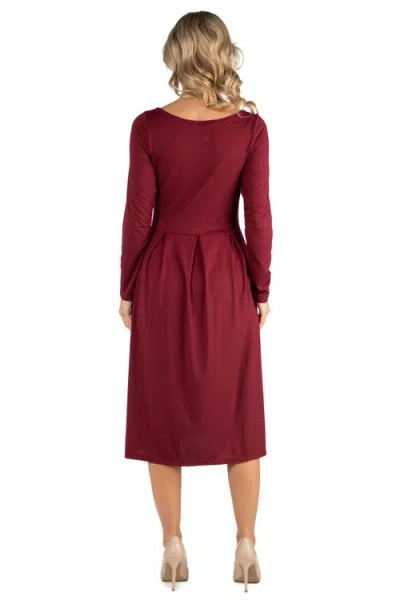 24seven Comfort Apparel Women's Midi Length Fit And Flare Dress In Burgundy