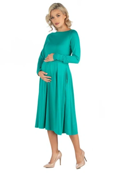 24seven Comfort Apparel Women's Midi Length Fit And Flare Dress In Green