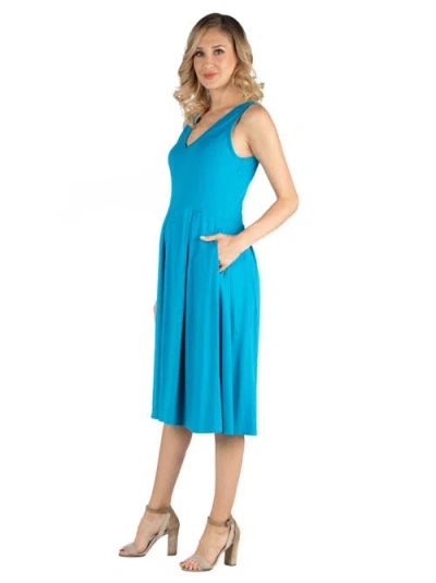 24seven Comfort Apparel Women's Fit And Flare Midi Sleeveless Dress With Pocket Detail In Blue