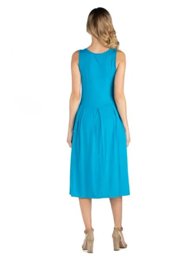 24seven Comfort Apparel Women's Fit And Flare Midi Sleeveless Dress With Pocket Detail In Blue