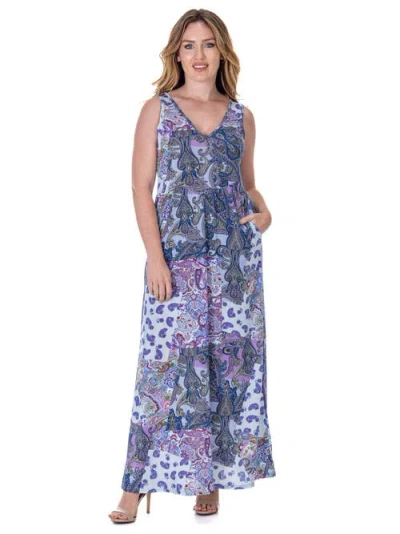 24seven Comfort Apparel Print Sleeveless V Neck Maxi Pocket Dress In Multi