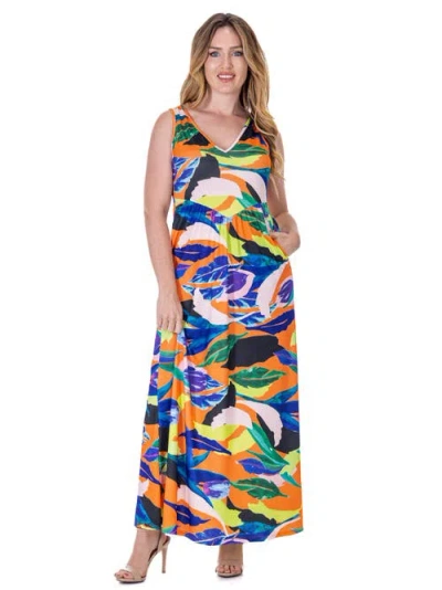 24seven Comfort Apparel Print Sleeveless V Neck Maxi Pocket Dress In Multi