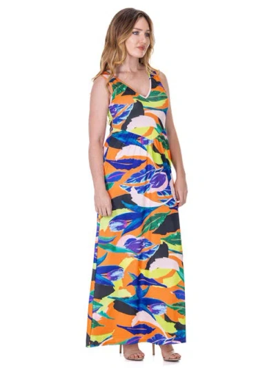 24seven Comfort Apparel Print Sleeveless V Neck Maxi Pocket Dress In Multi