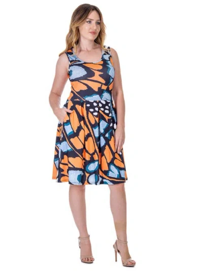 24seven Comfort Apparel Print Sleeveless Pleated Knee Length Pocket Dress In Burgundy