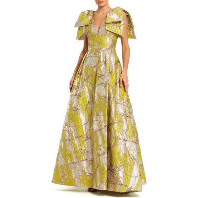 Mac Duggal Layered Shoulder Bow Metallic A-line Maxi Dress In Multi