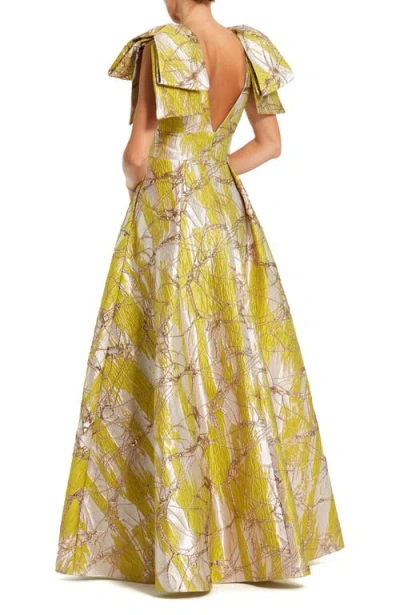 Mac Duggal Layered Shoulder Bow Metallic A-line Maxi Dress In Multi