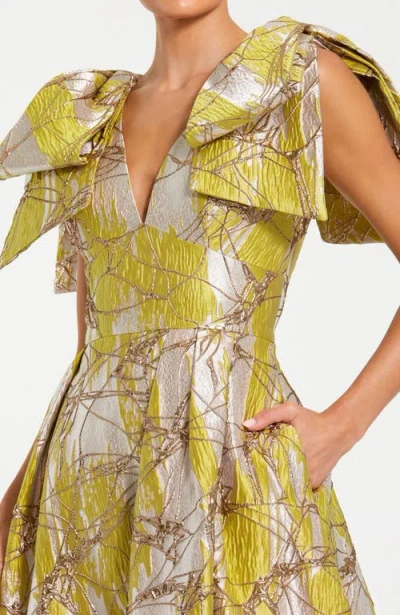 Mac Duggal Layered Shoulder Bow Metallic A-line Maxi Dress In Multi