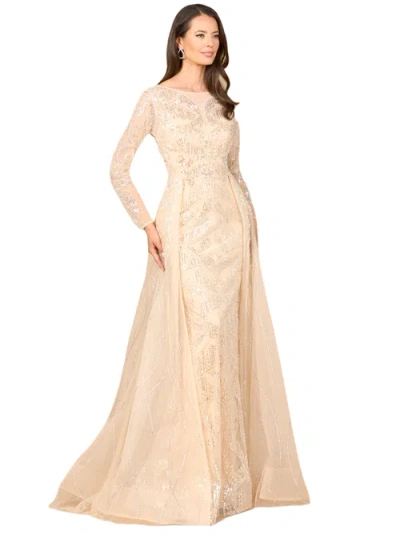 Lara New York Long Sleeve Gown With Overskirt & High Neck In Gold