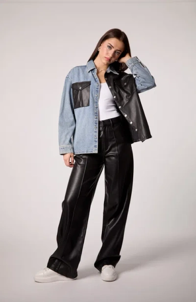 Blue Revival Unreal Leather & Denim Shacket In Blue