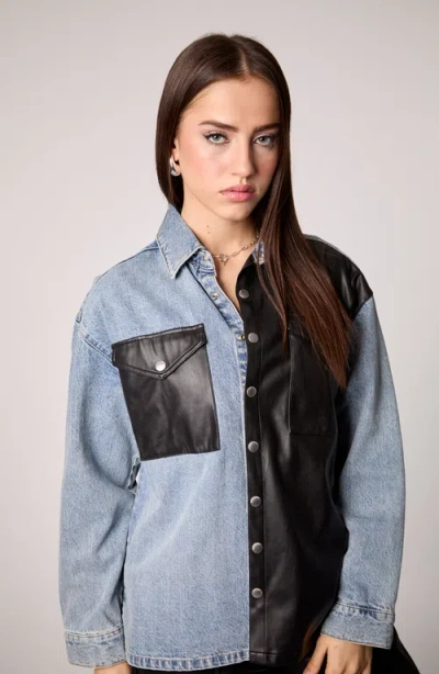 Blue Revival Unreal Leather & Denim Shacket In Blue