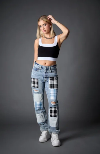 Blue Revival Plaid Patchwork Straight Leg Jeans In Blue
