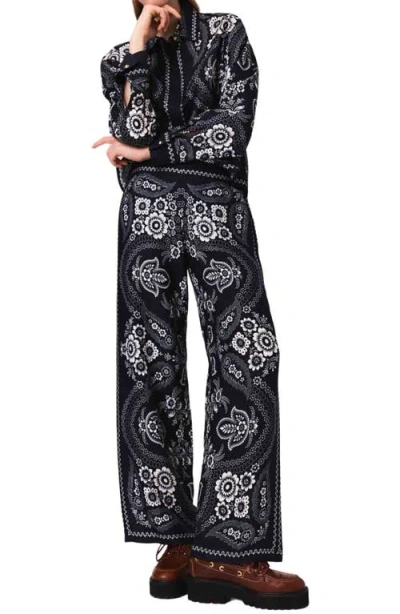 Maje Womens Navy Bandana Print Flowing Paisley-print Wide-leg Satin Trousers In Blue