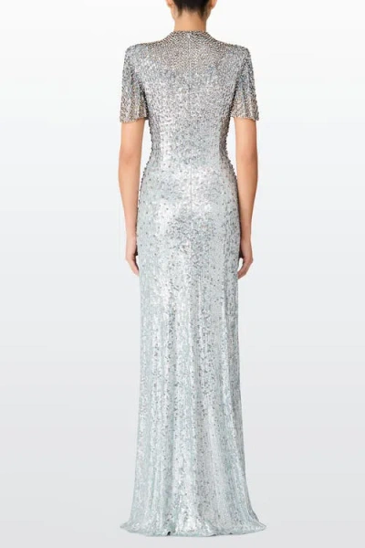Jenny Packham Jourdain Crystal Sequined Flutter-sleeve Gown In Silver