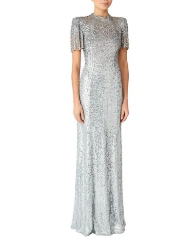 Jenny Packham Jourdain Crystal Sequined Flutter-sleeve Gown In Silver