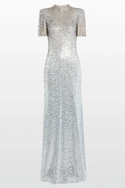 Jenny Packham Jourdain Crystal Sequined Flutter-sleeve Gown In Silver