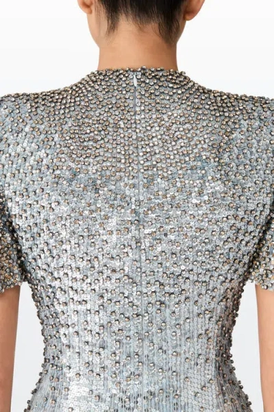 Jenny Packham Jourdain Crystal Sequined Flutter-sleeve Gown In Silver