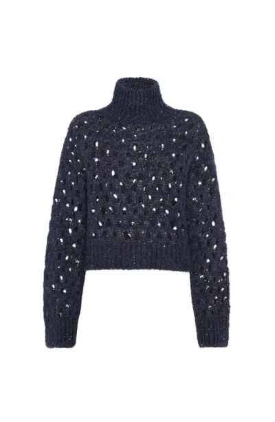 Brunello Cucinelli Dazzling Net Turtleneck Sweater Made Of Mohair And Wool Wispy In Blue