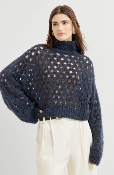 Brunello Cucinelli Dazzling Net Turtleneck Sweater Made Of Mohair And Wool Wispy In Blue