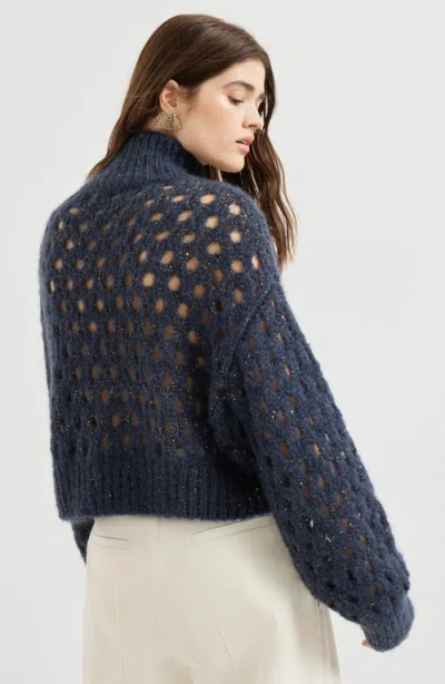 Brunello Cucinelli Dazzling Net Turtleneck Sweater Made Of Mohair And Wool Wispy In Blue