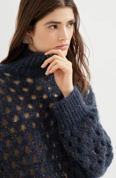 Brunello Cucinelli Dazzling Net Turtleneck Sweater Made Of Mohair And Wool Wispy In Blue