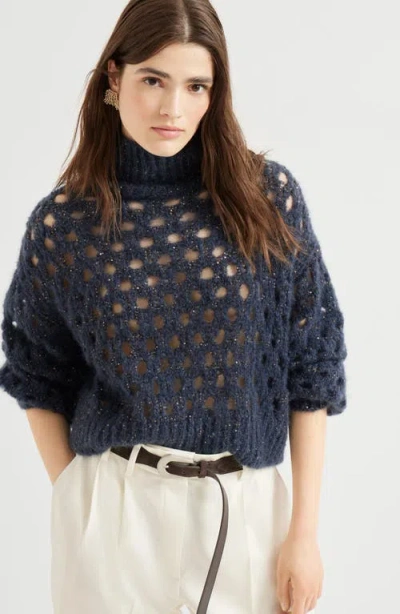 Brunello Cucinelli Dazzling Net Turtleneck Sweater Made Of Mohair And Wool Wispy In Blue