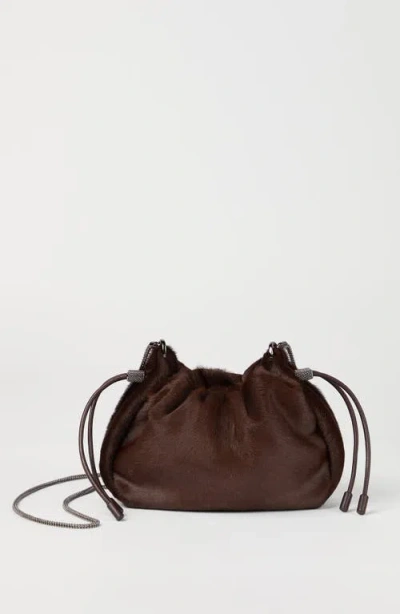 Brunello Cucinelli Mellow Mini Bucket Bag In Calf Hair With Precious Chain In Brown