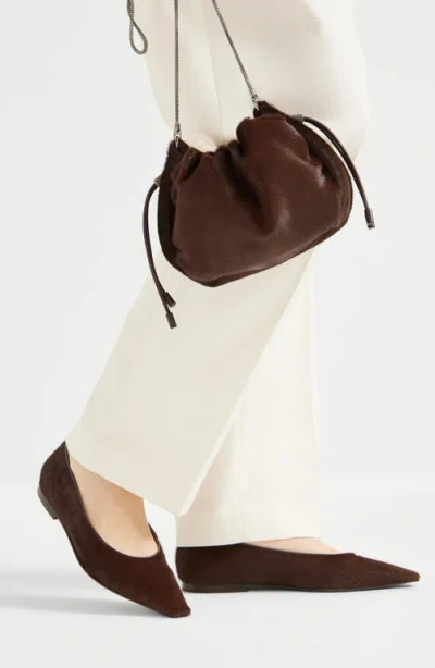 Brunello Cucinelli Mellow Mini Bucket Bag In Calf Hair With Precious Chain In Brown