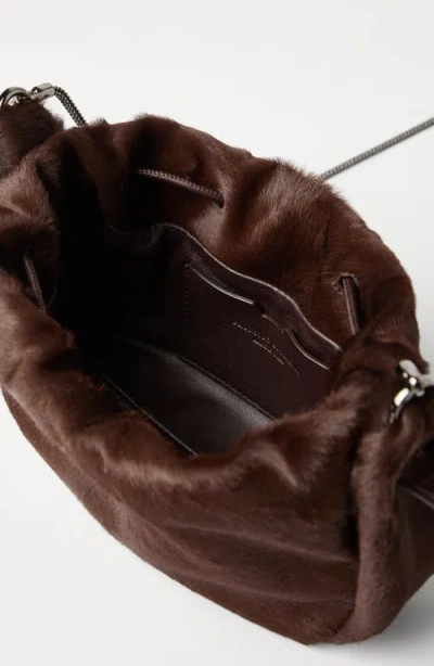 Brunello Cucinelli Mellow Mini Bucket Bag In Calf Hair With Precious Chain In Brown