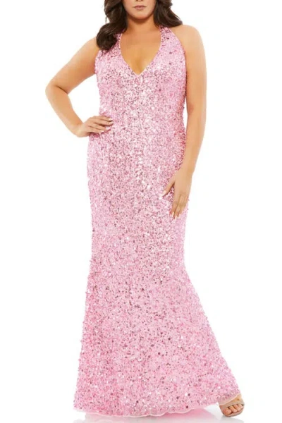 Mac Duggal 5314 Fabulouss Long Plus Size Halter Prom Dress In Pink