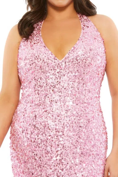 Mac Duggal 5314 Fabulouss Long Plus Size Halter Prom Dress In Pink