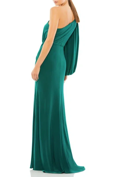Mac Duggal One Shoulder Puff Sleeve Faux Wrap Gown In Green