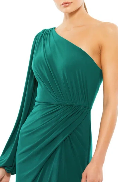 Mac Duggal One Shoulder Puff Sleeve Faux Wrap Gown In Green