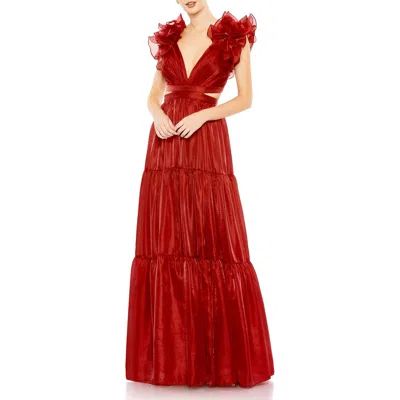 Mac Duggal Ruffled Shoulder Cut Out Soft Tie Back Tiered Gown In Red