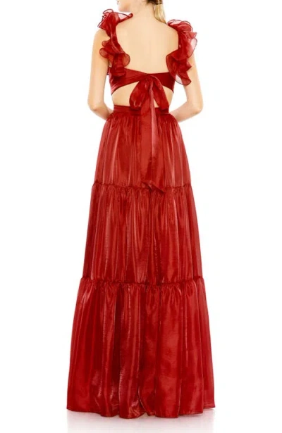 Mac Duggal Ruffled Shoulder Cut Out Soft Tie Back Tiered Gown In Red