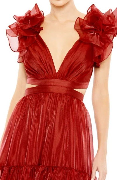 Mac Duggal Ruffled Shoulder Cut Out Soft Tie Back Tiered Gown In Red